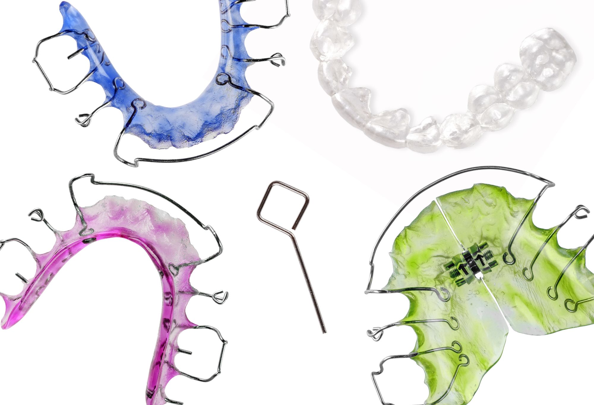 Essix retainers in various colors, including blue, pink, and green, with a metal wire framework, and a metal tool for retainer removal, emphasizing proper care and maintenance for orthodontic patients at Kittleson Orthodontics.